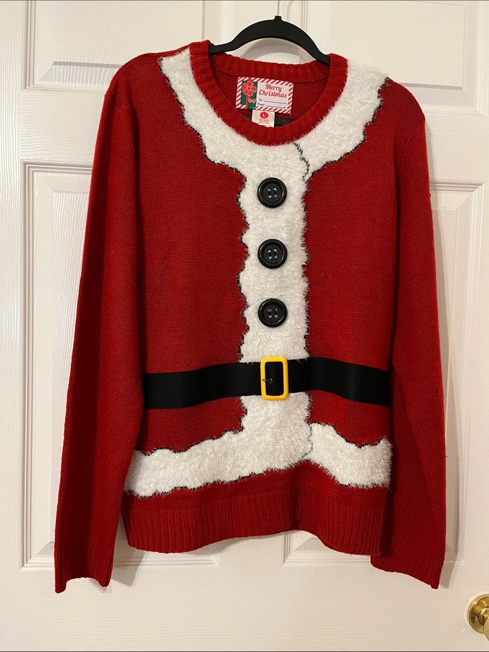 Red Santa-Style Crewneck Sweater with Faux-Fur Trim
